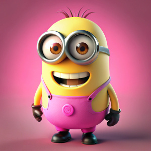 Cartoon pink minion with one eye standing and laughing.