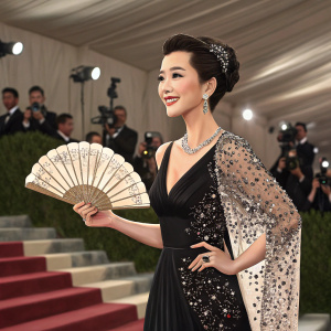 Chinese actress Li Bingbing in a black dress with sequined accents at the Met Gala. She's holding a fan and smiling.