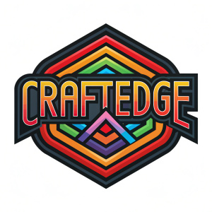 CraftEdge logo, vibrant design with interlocking shapes, bold letters in a mix of black, red, and rainbow colors