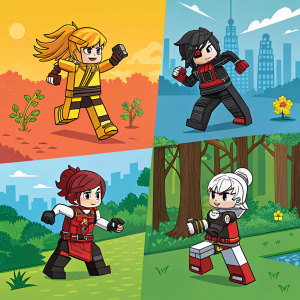 Digital illustration of RWBY characters built from LEGO. Each character in unique pose. Contrasting backgrounds, bright colors, and dynamic movements.