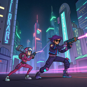 Hi5 and Meko from Glitch Techs in dynamic action poses. Set against a neon-lit, digital cityscape background. Futuristic design.