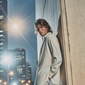 Jordan Barrett, actor with chestnut hair and wearing a white shirt, posing confidently on a city street at night.