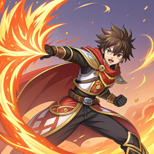 Digital art of a young male hero from Brave Frontier. Dynamic pose with flaming backdrop in vibrant fiery hues.
