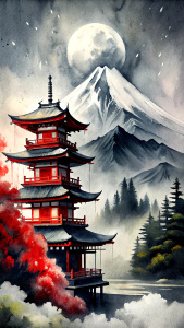 japanese temple and landscape ukiyo e style, flat style