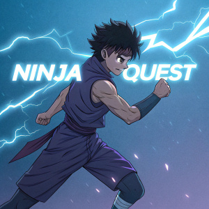 Anime character Killua, depicted in intense action pose. Dark hair, intense expression. Background is vivid neon blue with floating text: 'Ninja Quest'