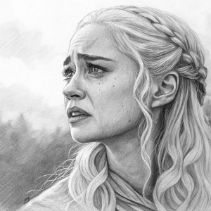 A charcoal drawing of Daenerys Targaryen, with intricate facial details. Her expression is a mix of determination and sorrow.