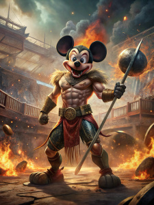 humanized Mickey Mouse warrior with man face in the Disney style post-apocalypse in the background a round arena for battles