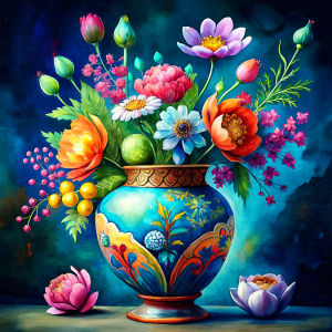 a WATERCOLOR IMAGE , Antique Bohemian Enamel green  Vase classic, shape and a painted lotus vine pattern. Ceramic vase , THERE ARE IN THE VASE : watercolor  yellow  WILD FLOWERS ,GREEN pink WEEDS ,burgundy PEONIE,range  Bougainvillea, PURPLE dandelion ,yellow  geranium,TOFFEE Narcissus, ochre crocusES ,dusky pink daffodil ,orange roses ,amaranth Damarion s, red tulips , orfreesia ,sienna orange lavender Common Crape Myrtle ,Watsonia ,tritoma.carmine Chandramallika, mburgundy VIOLETS 