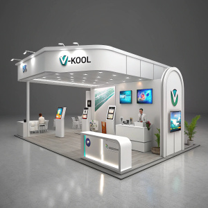 3D rendering of V-Kool trade show booth. Sleek design, white color scheme. Prominent logo, illuminated sign. Interactive stations, display elements. Modern and engaging.