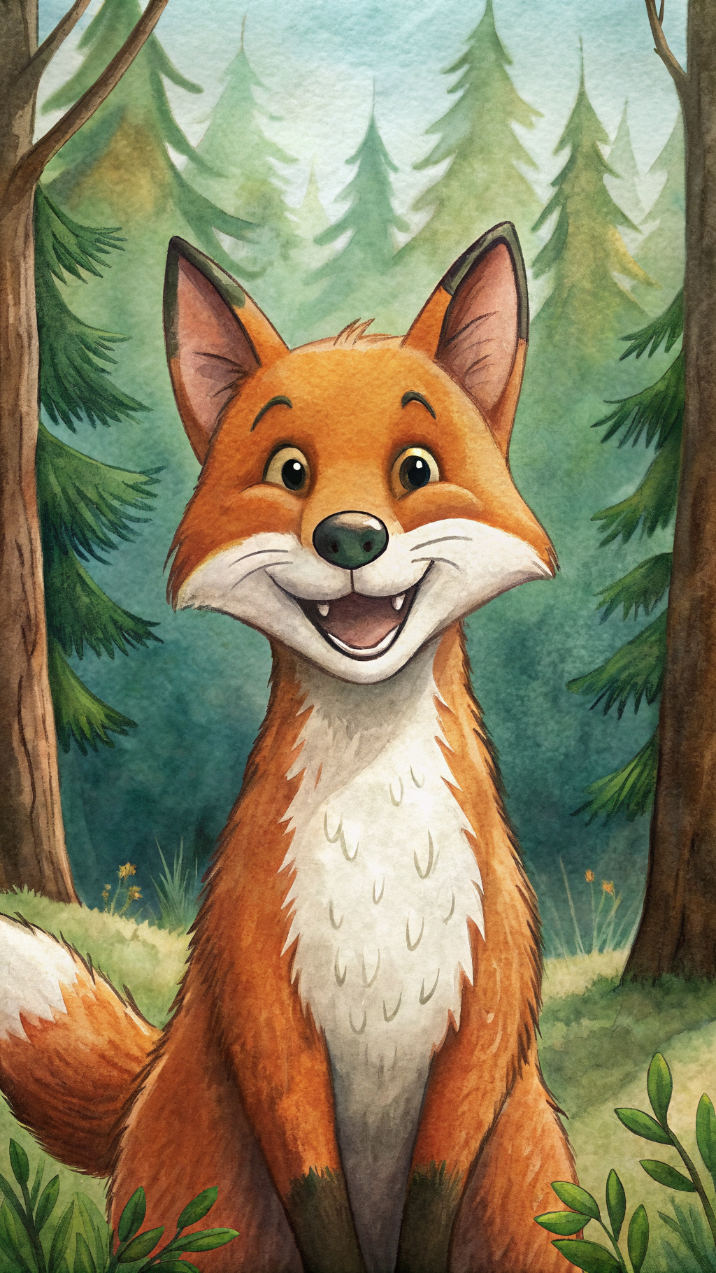 funny Fox in a forest with a happy expression, comic book style