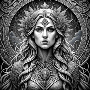 Saga, The Seer - Nordic Goddess of Sagas & Myths perfect realistic art, high-definition grey and black, white background tattoo design