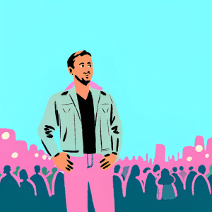 Ryan Gosling at the Blade Runner 2049 premiere, dressed in a denim jacket and t-shirt. Crowded cityscape background