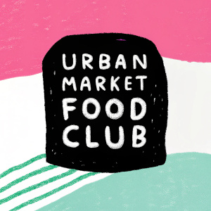 Logo design for a new grocery store called 'Urban Market Food Club'. Modern, minimalist style with clean white letters on a black background. Features 'Urban', 'Market', 'Food', and 'Club' in bold sans-serif font.