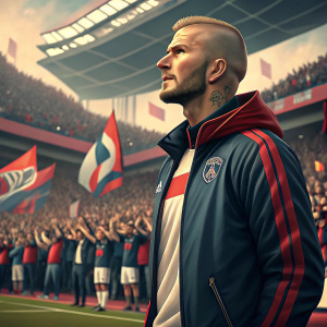 David Beckham, with bald head and sporty attire, at a bustling stadium event. Crowd in background, cheering