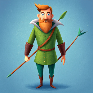 full body 25 year old hunter  with small beard, a sword, a bow, similar to Robin Hood using Anna Lang's illustration style