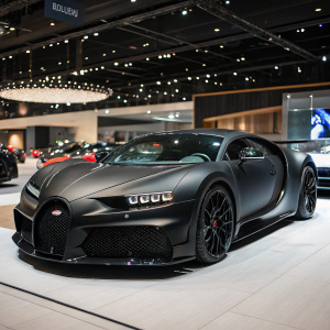 An ultra-modern Bugatti Chiron Sport in sleek matte black, showcased at a luxury car expo. Detailed shots highlighting the car's aerodynamic design and high-tech features.