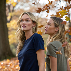 Candice Swanepoel and her friend in a park. Dark blue t-shirt, worried look, autumn leaves all around.