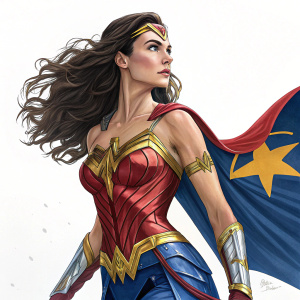 Gal Gadot as Wonder Woman in action pose. Blue and red suit with yellow star. Against white background.