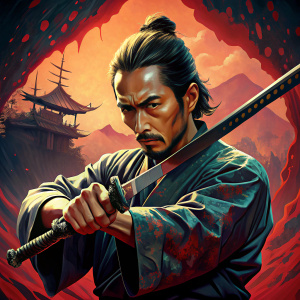 samurai preparing for battle, checking his katana, 60's movie style