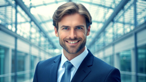 portrait of successful  businessman consultant looking at camera and smiling inside modern office building