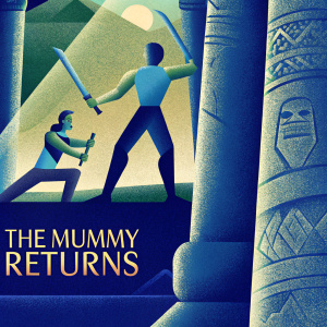Promotional poster for 'The Mummy Returns'. Main characters Rick O'Connell and Evelyn Carnahan in dramatic poses. Setting is an ancient Egyptian temple. Golden and sepia toned palette. Historical and action-packed visuals. Main title 'The Mummy Returns' at the bottom.