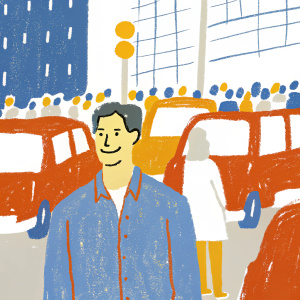 Tom Cruise, smiling confidently, dressed in a casual blue denim shirt. Crowded street scene in Los Angeles.
