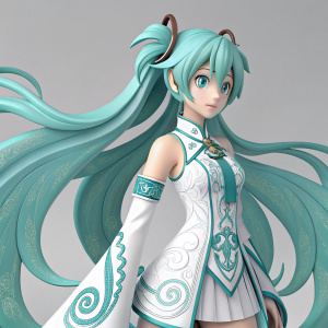 A detailed 3D render of a female character resembling Hatsune Miku. She stands in a poised stance, adorned with intricate, swirling patterns that flow across her form. Close-up shot of her focused, serene face. Set against a minimalistic, grey backdrop.