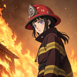 Maki Oze from Fire Force, standing bravely amidst a fiery scene. Wearing a red helmet and uniform, she sports a fierce look with her purple eyes glowing against the backdrop of a blazing orange and yellow inferno.