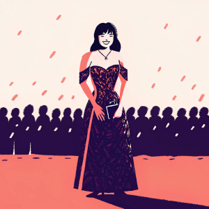 Daisy Lowe, at a glamorous gala, in a maroon detailed dress. Off-the-shoulder neckline. Event crowd blurred in background