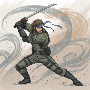 Sketch of Snake from Metal Gear Solid. Dynamic sword-wielding pose. Abstract background