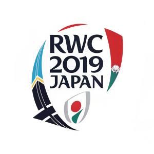 The Rugby World Cup 2019 in Japan logo. Minimalistic design with bold sans-serif text. Modern and clean aesthetic. Geometric shapes and vibrant color accents.