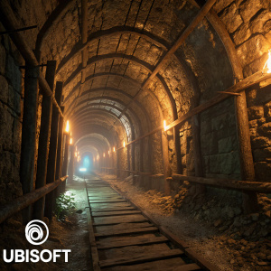 A eerie, ancient stone passage from the video game Assassin's Creed Valhalla. Illuminated by flickering torches, the tunnel's rough, uneven walls and wooden supports cast long shadows. Ubisoft logo visible.