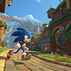 Screenshot from Sonic Forces video game. Sonic the Hedgehog in action sequence. Vibrant, stylized environment with rich colors.