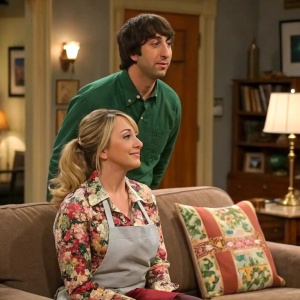 Howard Wolowitz and Bernadette from The Big Bang Theory, at home in cozy living room. Bernadette in floral top and apron, sitting on couch. Howard in green shirt, standing behind.