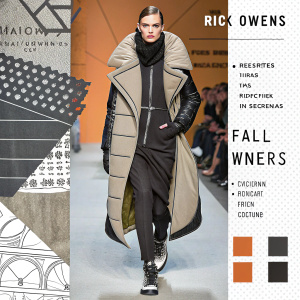 Rick Owens Fall-Winter 2018 collection featured in a dynamic collage. At the heart of the illustration, a model wearing avant-garde designs. The artwork blends fashion elements and terminology, creating an immersive experience.