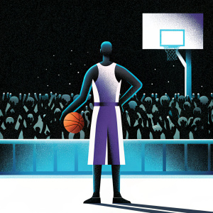 Stephon Marbury, former NBA player, now in a high school gym. Wearing a purple and white basketball jersey. Crowd cheering in the background.