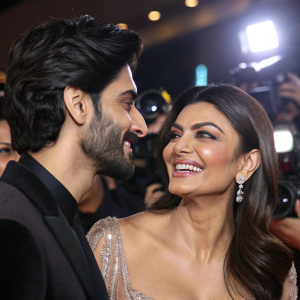 Sushmita Sen and Rohman Shawl sharing a moment at the glamorous award ceremony. Close-up captures Sushmita's radiant smile amidst a sea of cameras and intrigued onlookers.