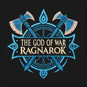 The God of War Ragnarok logo, a bold and intricate emblem with sharp edges and deep blue hues. It stands out against a stark black backdrop, conveying mystery and power.