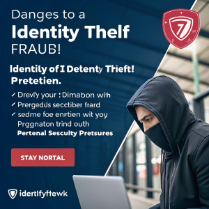 Eye-catching ad for IdentityHawk's identity protection services. It highlights the dangers of identity theft and fraud, emphasizing how their service can protect your personal information. Features include a 7-day free trial, comprehensive security measures, and a strong call to action. Designed to appeal to those wary of digital threats.