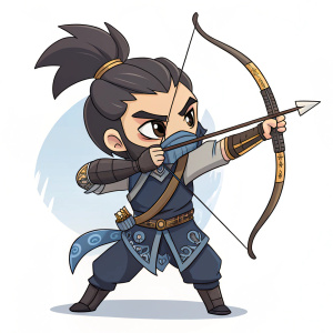 Chibi Hanzo from Overwatch, depicted in a digital art style, focusing intensely as he draws back his bowstring.