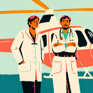 Eoin Macken and TC Callahan standing beside a red emergency helicopter. They wear medical uniforms. Serious expressions
