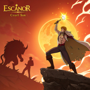 Digital art of Escanor's 'Cruel Sun' attack. Dramatic fiery sun in background, casting an intense, orange glow. Escanor stands on rocky outcrop. Shadowy creature partially visible behind. Colors: Orange, red.