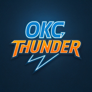 Modern logo design for OKC Thunder. Bold, contemporary font with vibrant blue and contrasting orange highlighting.