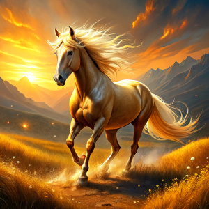 a golden horse running in the field