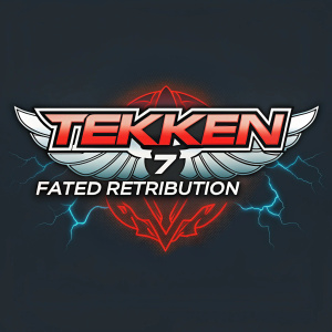 Modern, dynamic logo design for Tekken 7 Fated Retribution. Bold characters, red, gray, and electric colors on a dark background with sleek graphics.