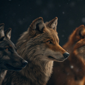 3D render of a wolf, various fur textures, against dark background, showcasing wolf in different angles