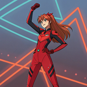 Asuka Langley Soryu, from Neon Genesis Evangelion, striking a powerful pose. Set against an abstract neon backdrop