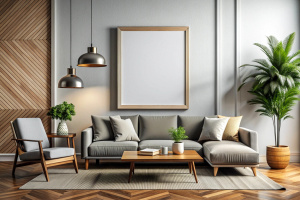 mock up poster frame in modern interior background, living room, Scandinavian style, 3D render, 3D illustration