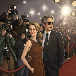 Michael Imperioli and Victoria attend the Screen Actors Guild Awards. Crowded room, flashes of cameras. Michael in a dark suit, sunglasses, tie. Victoria in a brown dress. They stand still, posing elegantly.