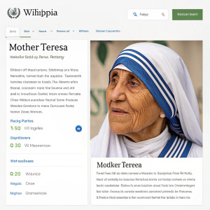 Digital screenshot of Wikipedia page on Mother Teresa. Portrait-style image, detailed biography of her life and achievements. Clear depiction of her face and attire.